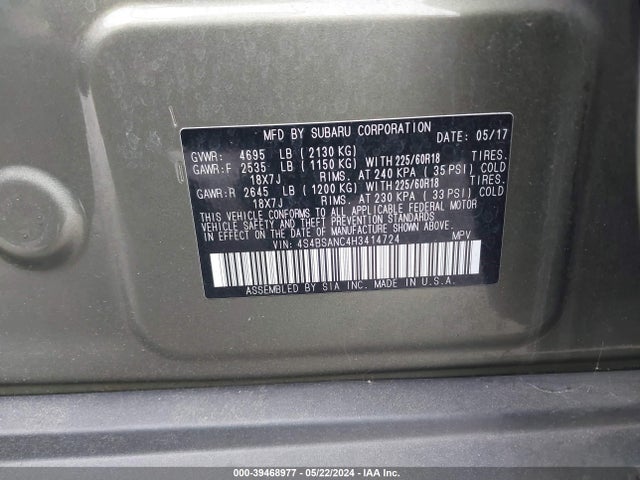 Subaru Outback 2.5i Limited 2017 4S4BSANC4H3414724 Image 9
