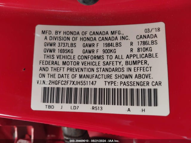 Honda CIVIC EX 2018 2HGFC2F7XJH551147 Image 9