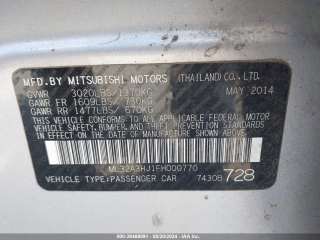 Mitsubishi Mirage De/rf 2015 ML32A3HJ1FH000770 Image 9