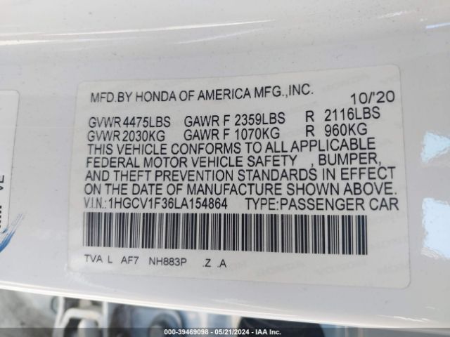 1HGCV1F36LA154864 Honda Accord Sport