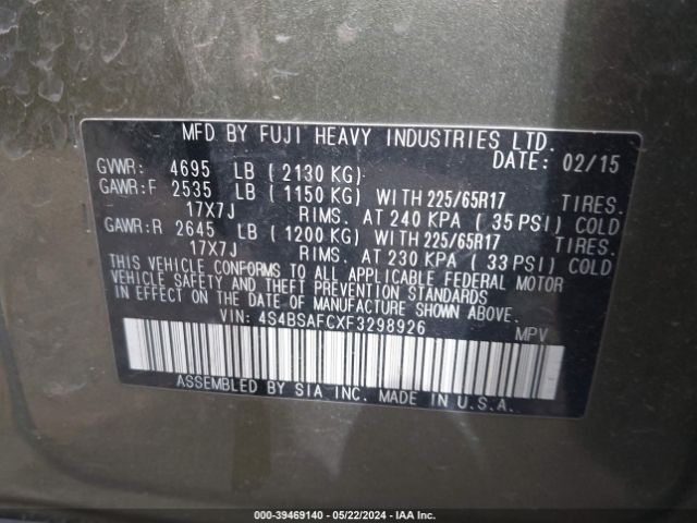 4S4BSAFCXF3298926 Subaru Outback 2.5i Premium
