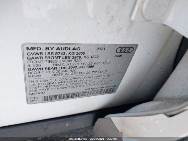 WA1B4AFY0M2074104 Audi Sq5 Premium Plus Tfsi Quattro Tiptronic