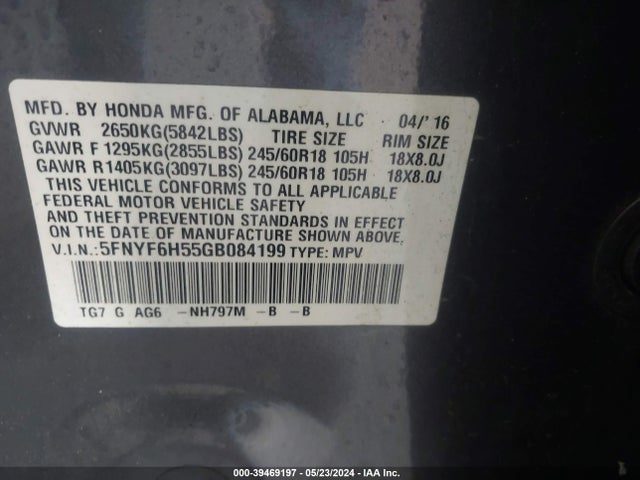 Honda Pilot Ex-l 2016 5FNYF6H55GB084199 Image 9