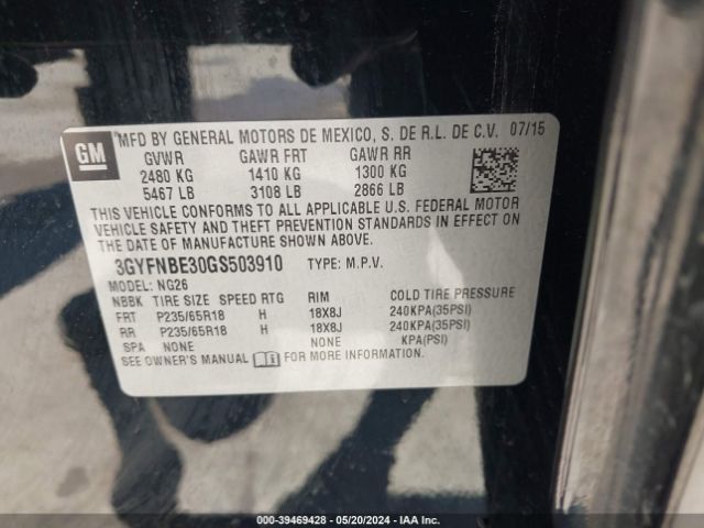 3GYFNBE30GS503910 Cadillac Srx Luxury Collection