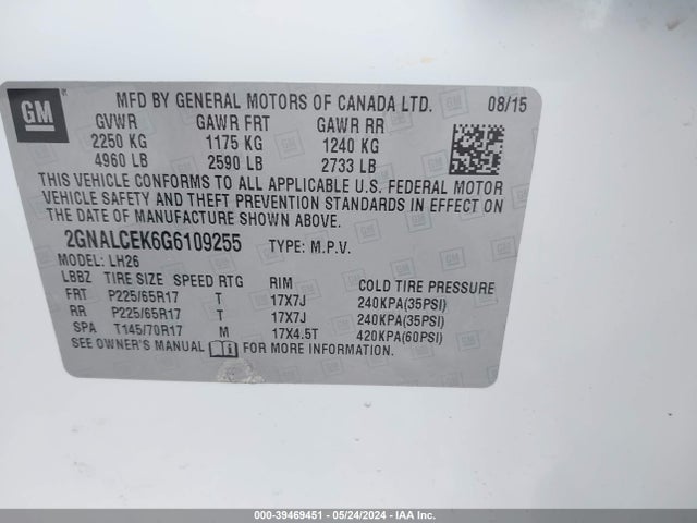 Chevrolet EQUINOX LT 2016 2GNALCEK6G6109255 Image 9