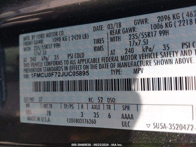 Ford ESCAPE S 2018 1FMCU0F72JUC05895 Image 9