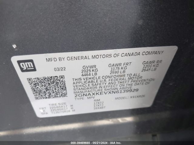 2GNAXKEVXN6139929 Chevrolet Equinox Fwd Lt