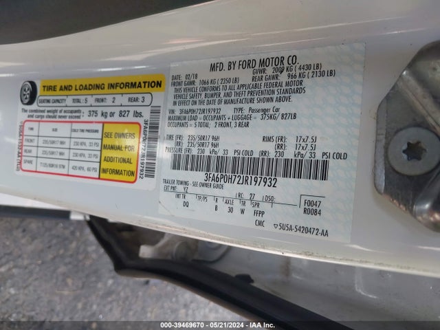 Ford FUSION SE 2018 3FA6P0H72JR197932 Image 9