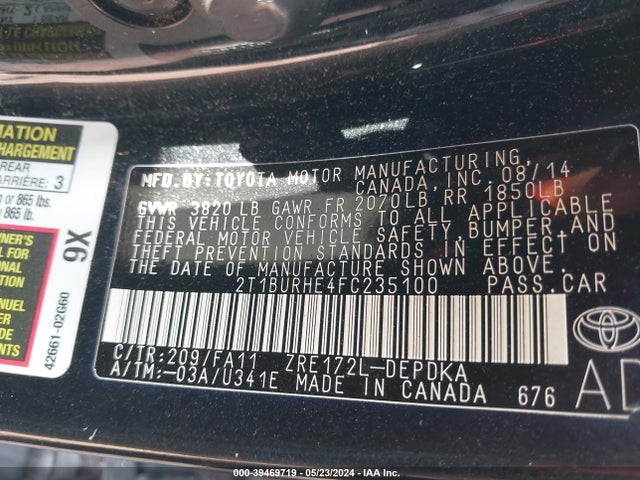 Toyota COROLLA L 2015 2T1BURHE4FC235100 Image 9