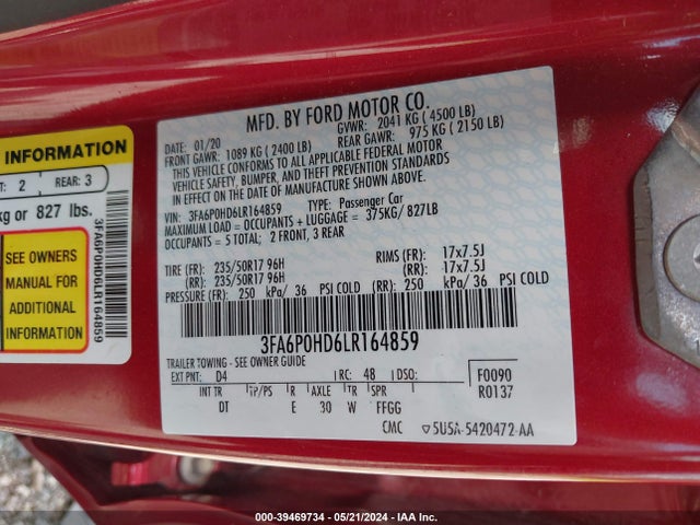 Ford FUSION SE 2020 3FA6P0HD6LR164859 Image 9