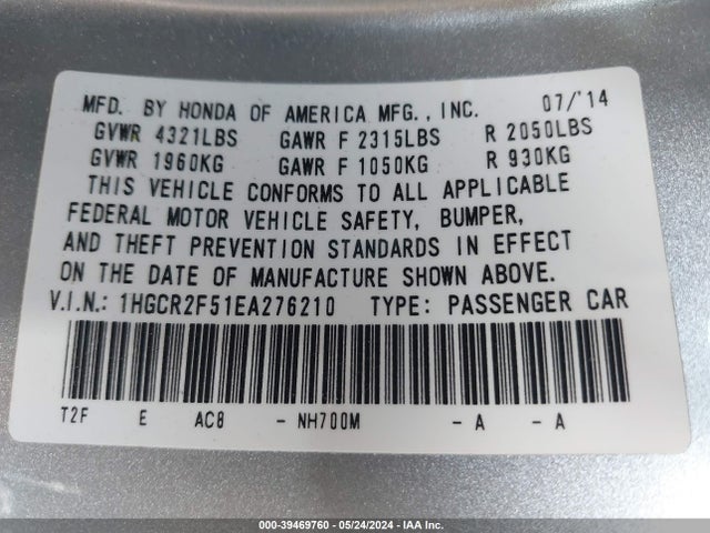 Honda Accord Sport 2014 1HGCR2F51EA276210 Image 9