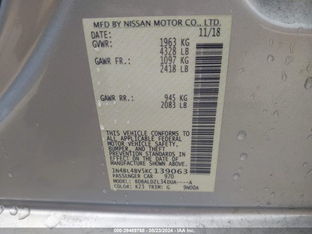 Nissan Altima 2.5 S 2019 1N4BL4BV5KC139063 Image 9