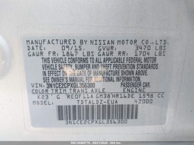 3N1CE2CPXGL356300 Nissan Versa Note S (sr)/s Plus/sl/sr/sv