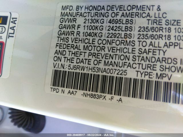 5J6RW1H53NA007225 Honda Cr-v 2wd Ex