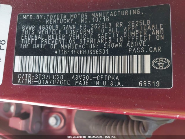 Toyota CAMRY XSE 2017 4T1BF1FK6HU696501 Image 9