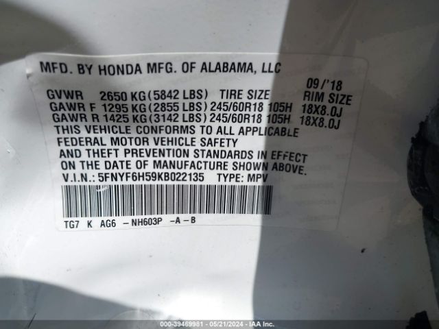 5FNYF6H59KB022135 Honda Pilot Ex-l