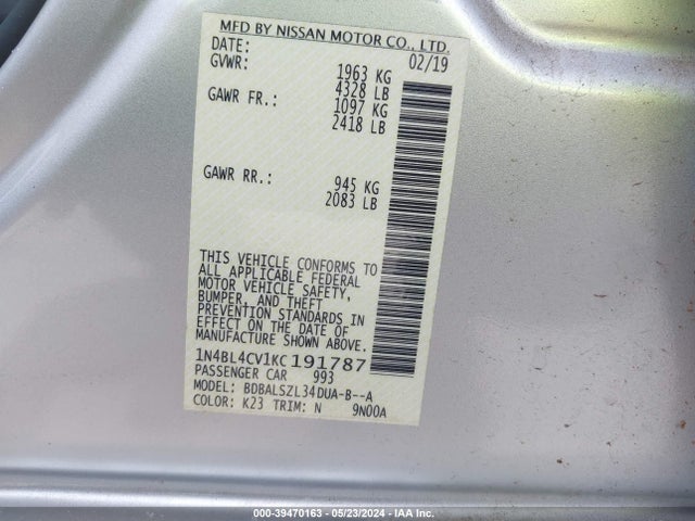 Nissan Altima 2.5 Sr 2019 1N4BL4CV1KC191787 Image 9