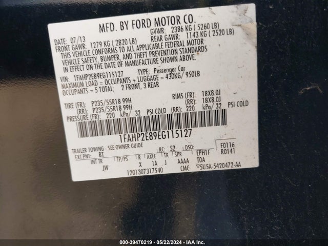 Ford TAURUS SEL 2014 1FAHP2E89EG115127 Image 9