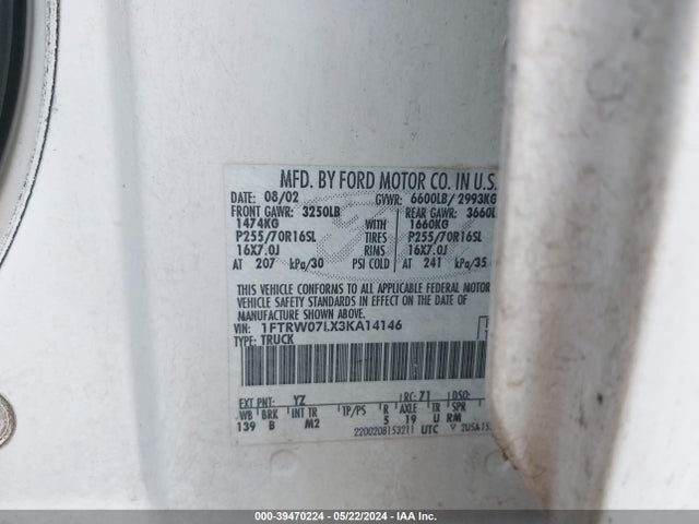 39470224 :رقم المزاد ، 1FTRW07LX3KA14146 vin ، 2003 Ford F-150 Lariat/xlt مزاد بيع