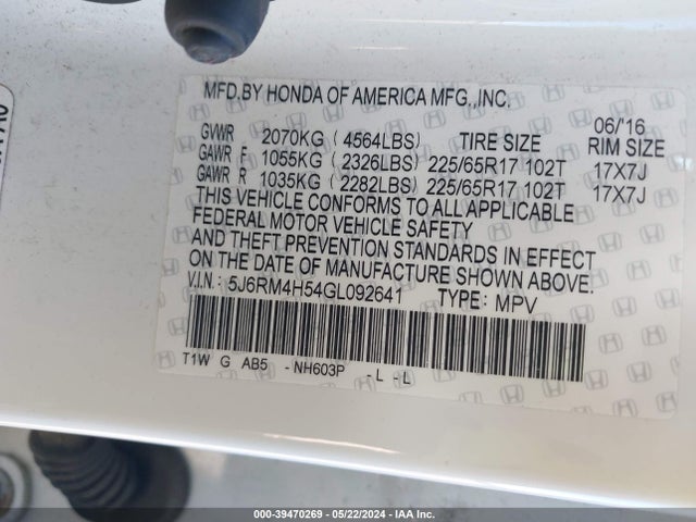 Honda CR-V EX 2016 5J6RM4H54GL092641 Image 9