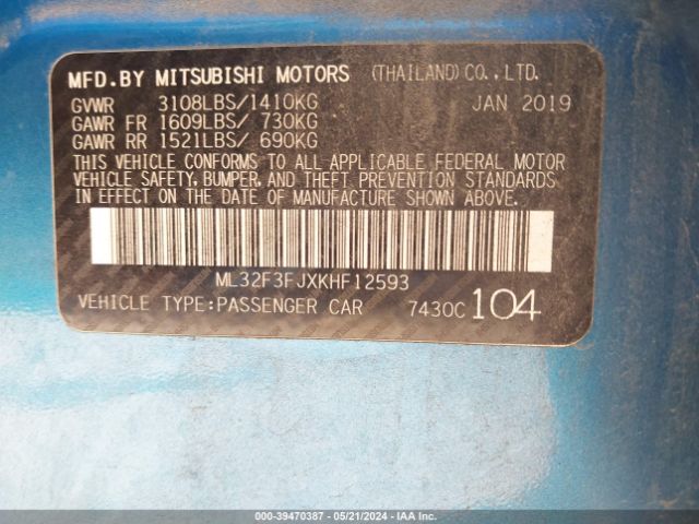 ML32F3FJXKHF12593 Mitsubishi Mirage G4 Es