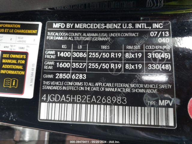4JGDA5HB2EA268983 Mercedes-Benz Ml 350 4matic