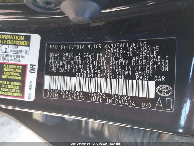 Toyota Corolla S Plus 2015 2T1BURHE6FC364388 Image 9
