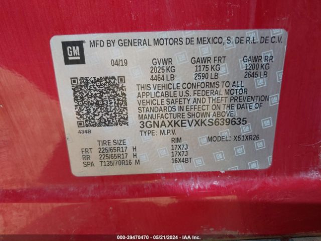 3GNAXKEVXKS639635 Chevrolet EQUINOX LT