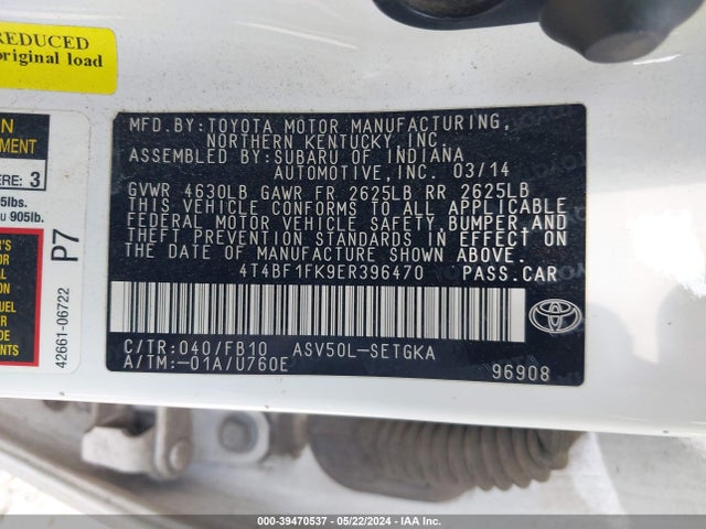 Toyota CAMRY XLE 2014 4T4BF1FK9ER396470 Image 9