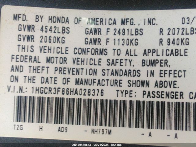 1HGCR3F86HA028376 Honda Accord Ex-l V6