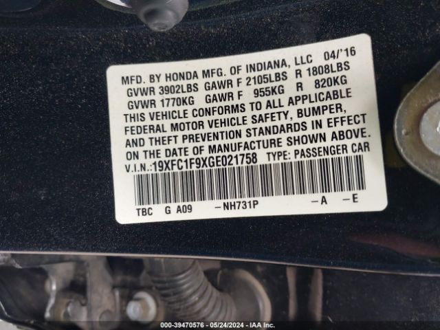 19XFC1F9XGE021758 Honda Civic Touring