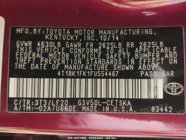 4T1BK1FK1FU554467 Toyota Camry Xse V6