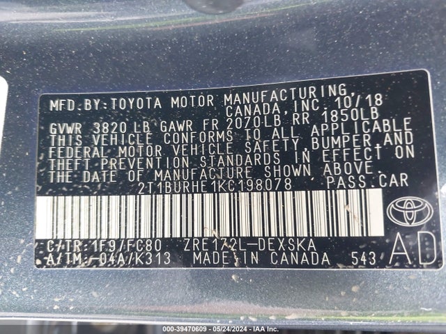 Toyota COROLLA SE 2019 2T1BURHE1KC198078 Image 9