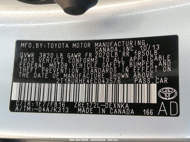 Toyota COROLLA LE 2014 2T1BURHE4EC043576 Image 9