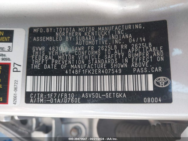 Toyota CAMRY XLE 2014 4T4BF1FK2ER407549 Image 9