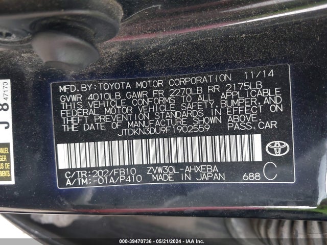 Toyota Prius Three 2015 JTDKN3DU9F1902559 Image 9