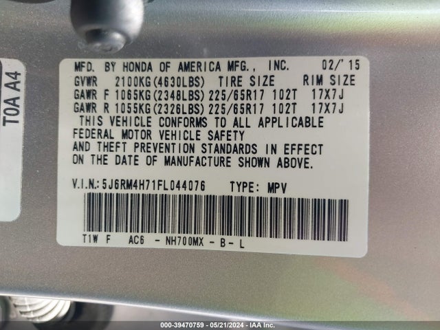 Honda Cr-v Ex-l 2015 5J6RM4H71FL044076 Image 9