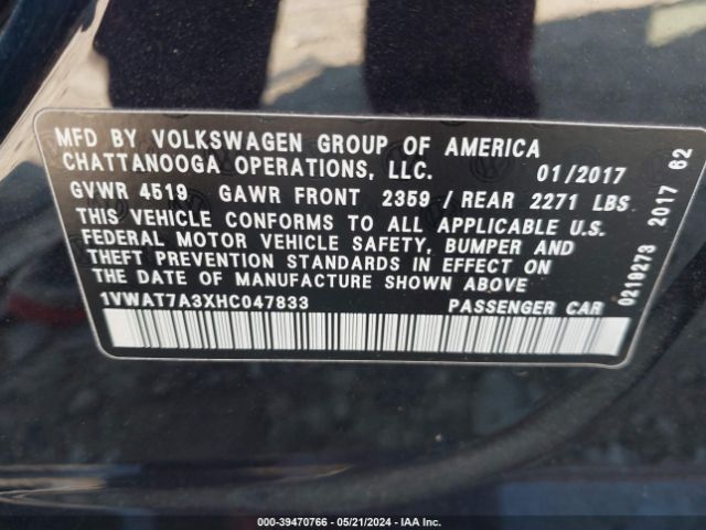 1VWAT7A3XHC047833 Volkswagen Passat 1.8t S