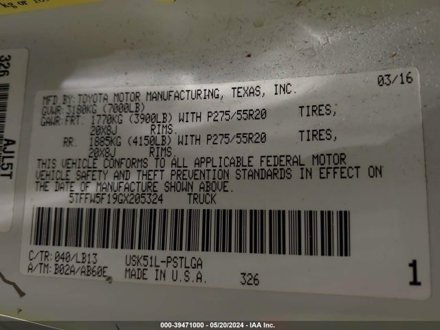 5TFFW5F19GX205324 Toyota Tundra Limited 5.7l V8