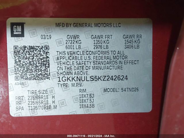 1GKKNULS5KZ242624 GMC Acadia Slt-1