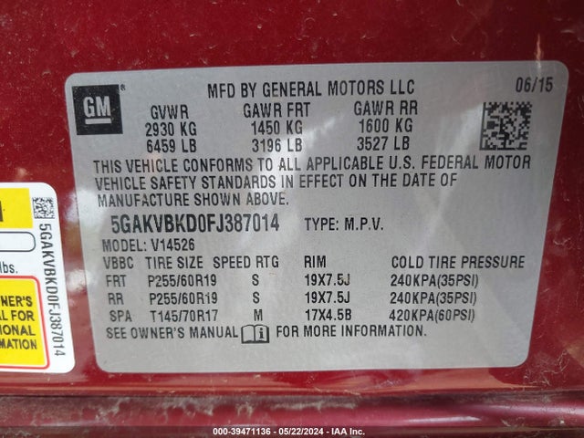 5GAKVBKD0FJ387014 Buick Enclave Leather