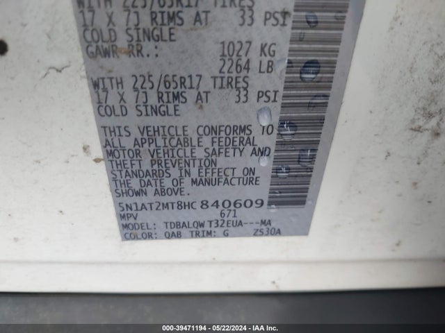 Nissan ROGUE SV 2017 5N1AT2MT8HC840609 Image 9