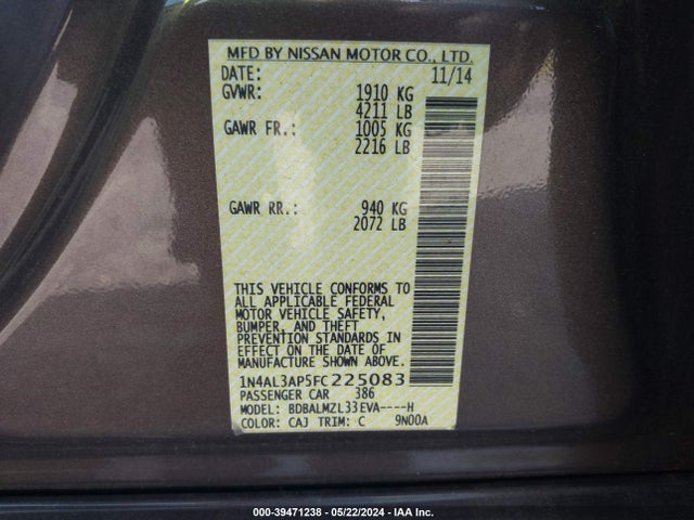 Nissan Altima 2.5 Sv 2015 1N4AL3AP5FC225083 Image 9