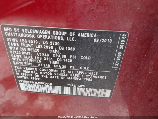 1V2NR2CA3KC602418 Volkswagen Atlas 3.6l V6 Sel Premium