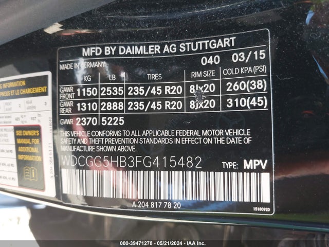WDCGG5HB3FG415482 Mercedes-Benz GLK 350