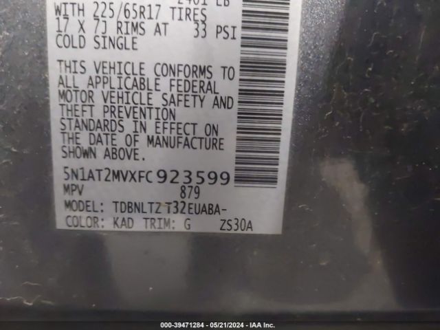 5N1AT2MVXFC923599 Nissan ROGUE SV