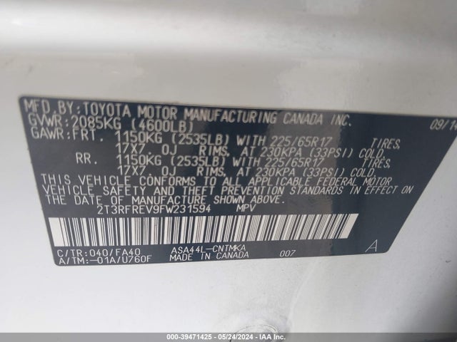 Toyota Rav4 Xle 2015 2T3RFREV9FW231594 Image 9