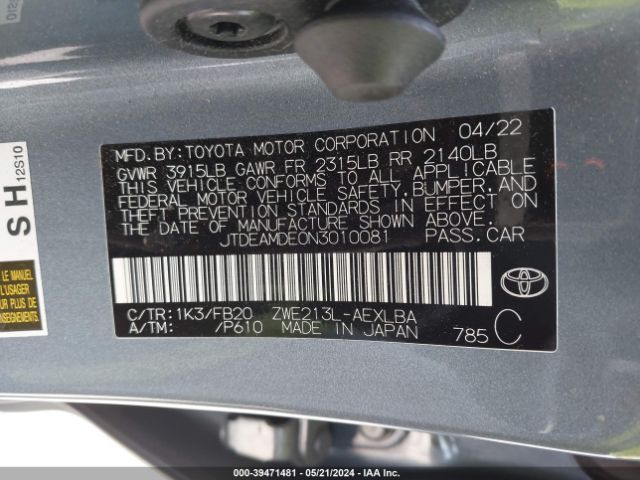 JTDEAMDE0N3010081 Toyota Corolla Hybrid Le