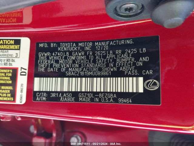 58ACZ1B19MU089861 Lexus ES 350