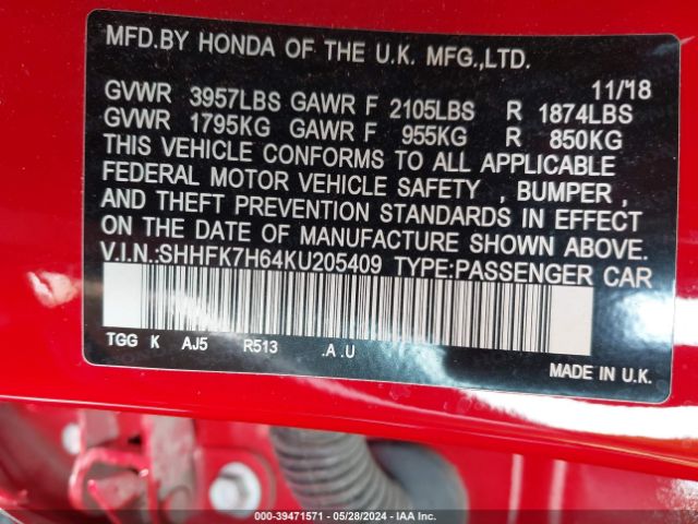 SHHFK7H64KU205409 Honda CIVIC EX